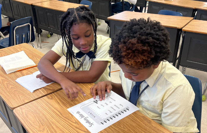  two students working on worksheet together